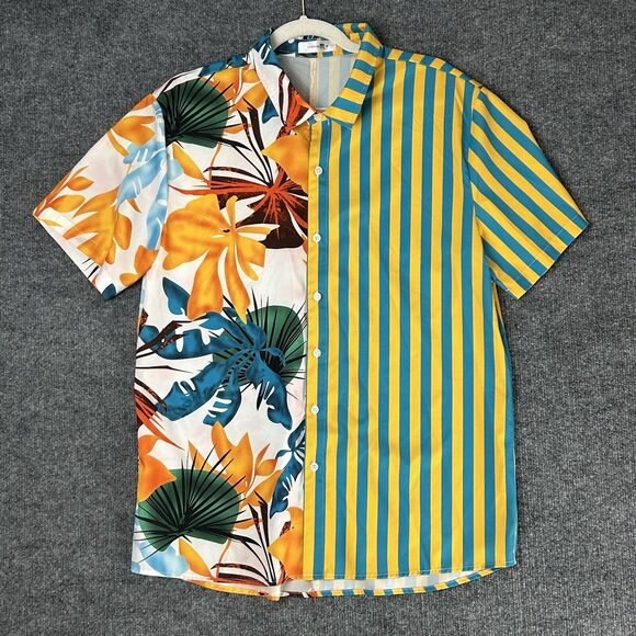 ChArmkp Men's Short Sleeve Polyester Button Up Floral Striped Shirt Size Medium - Picture 1 of 7